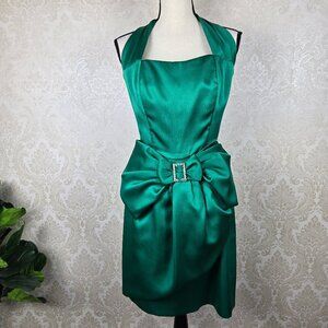 Victor Costa Size 10 Green Halter Cocktail Dress Large Front Bow Crystal Buckle